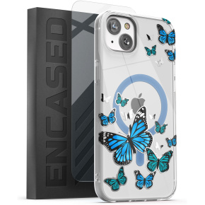 iPhone 14 Lexion Case in Silver Blue Butterfly with Screen Protector - MagSafe Compatible