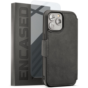 iPhone 14 Pro Leather Folio Wallet Case in Gray with Screen Protector