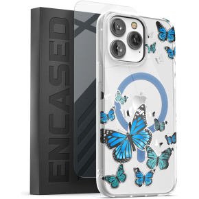 iPhone 14 Pro Max Lexion Case in Silver Blue Butterfly with Screen Protector - MagSafe Compatible