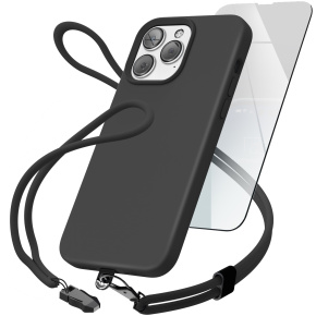 iPhone 14 Pro Max Silicone Case in Black with Neck and Wrist Strap