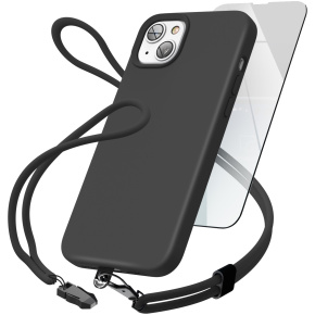 iPhone 14 Silicone Case in Black with Neck and Wrist Strap